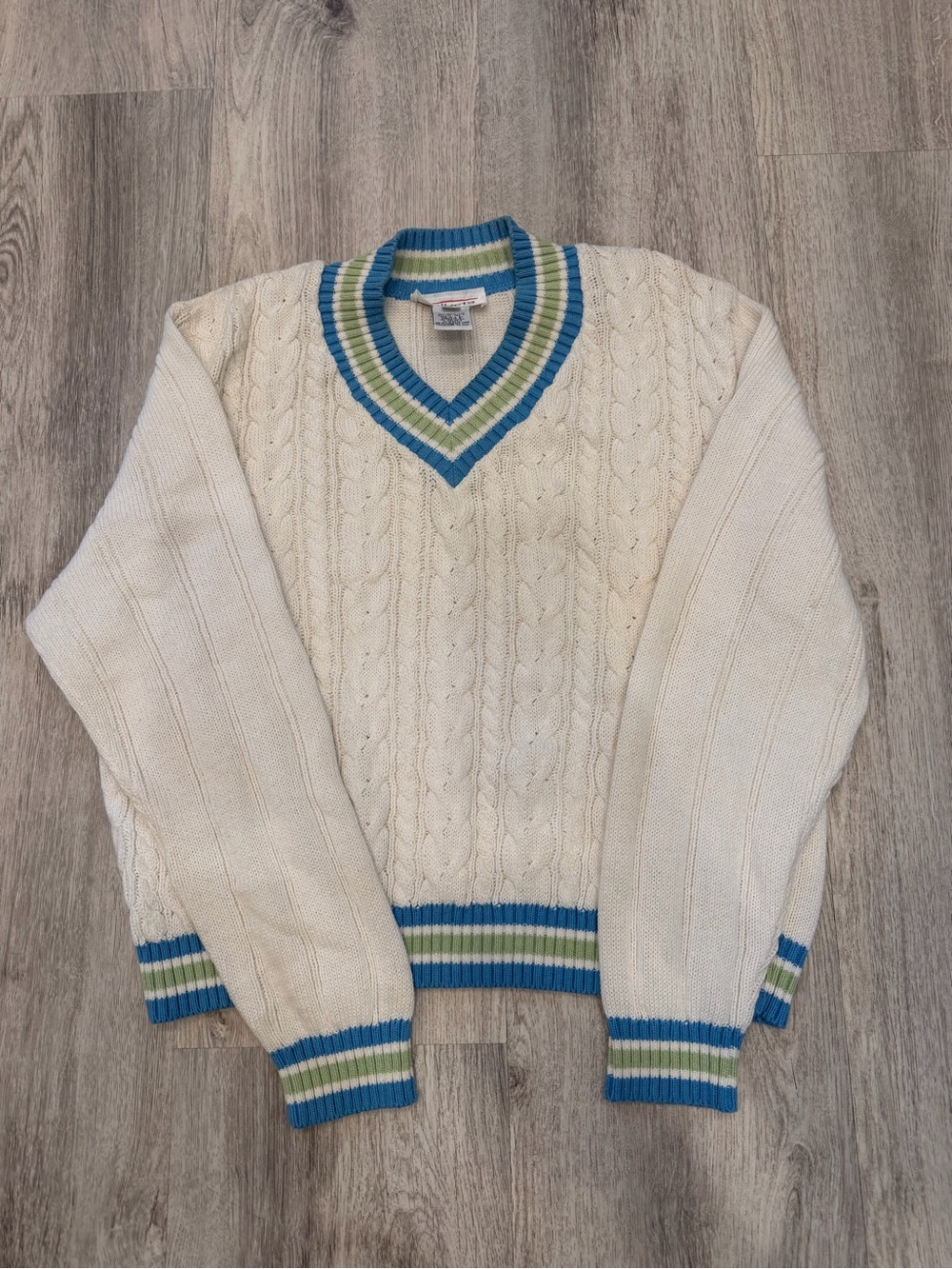 Vintage Talbots Large Cream Cable Knit V Neck Tennis Sweater 100% Cotton